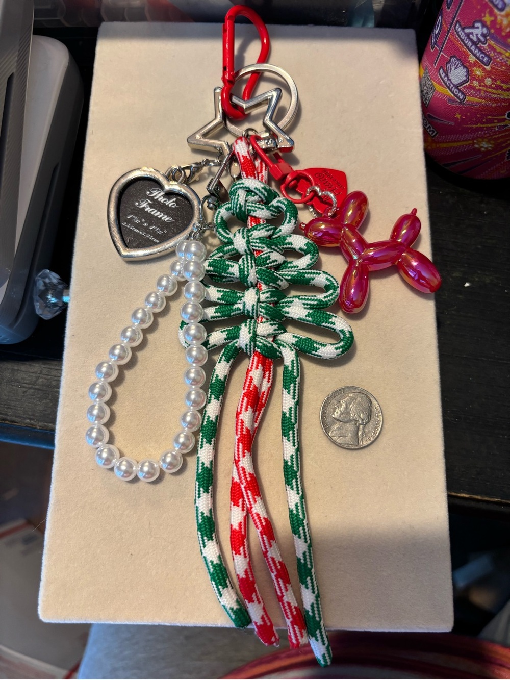 Festive Green & Red Braided Keychain / Bag Charm w/Pearl Loop & Red Balloon Dog
